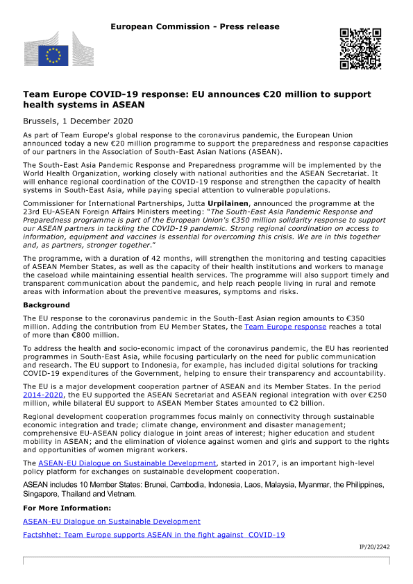 Team Europe COVID-19 response: EU announces €20 million to support health systems in ASEAN – World